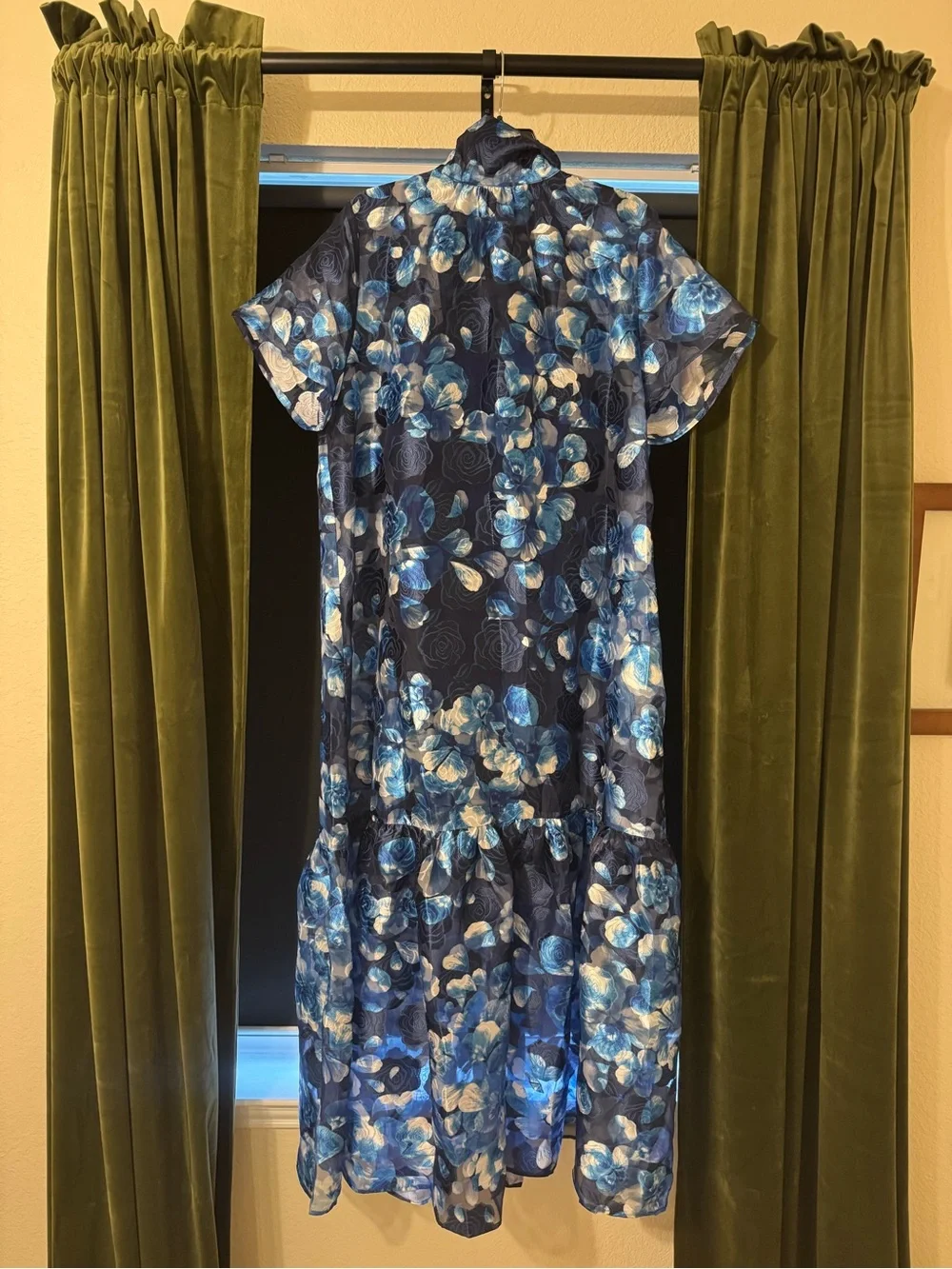 Blue Floral Dress with Short Sleeves, High Neck - Picture 1 of 2
